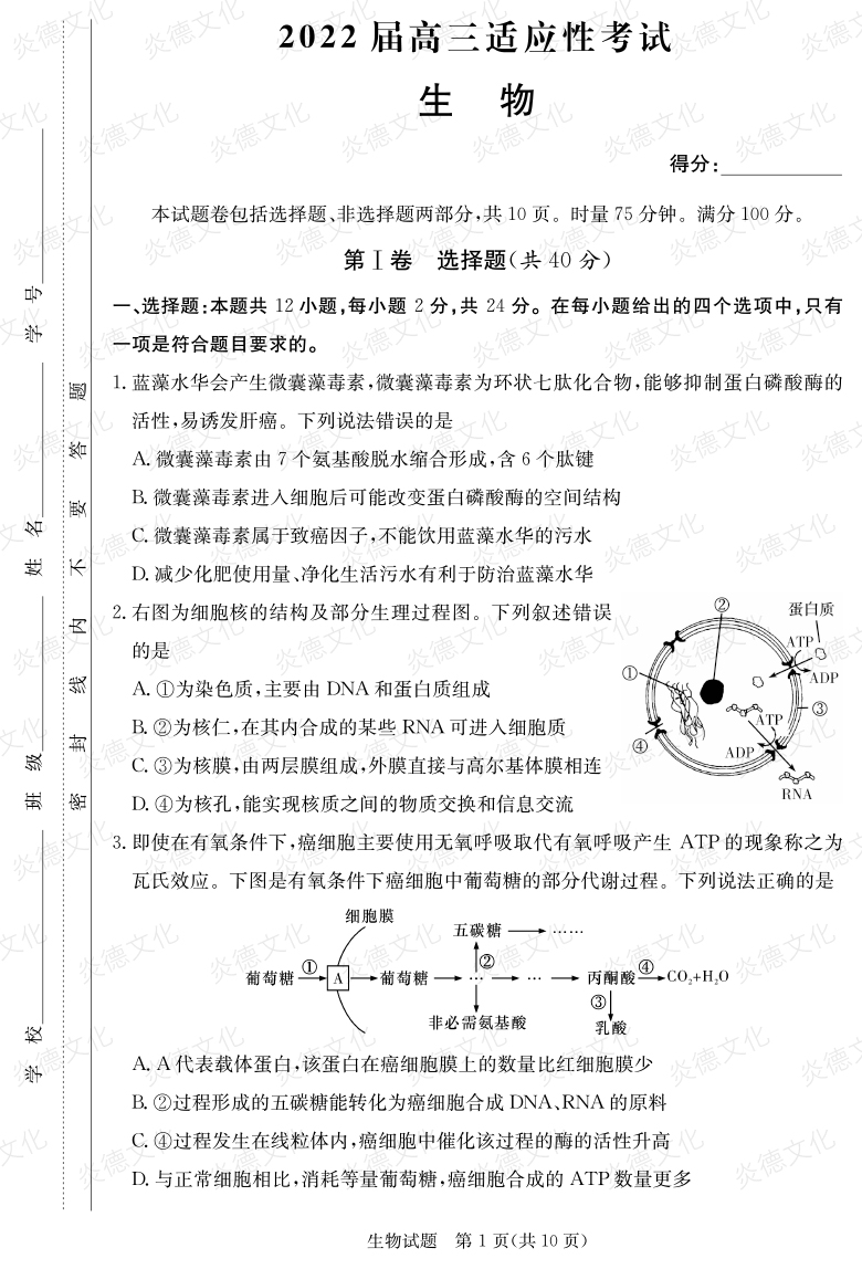 [生物]炎德英才大聯(lián)考2022屆長郡中學(xué)高三5次月考（2022屆高三適應(yīng)性考試）